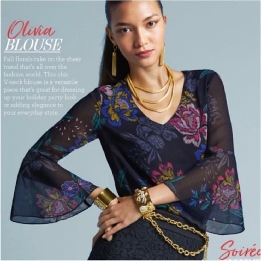Cabi Olivia Floral Sheer Bell Sleeve Blouse 3506